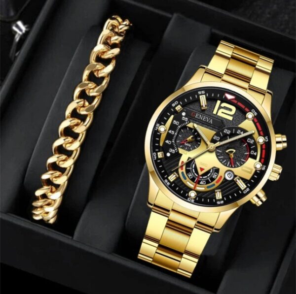 2pcs Men's New Popular Steel Strip Fashion Business Three Eye Quartz Watch Bracelet Set - Image 10
