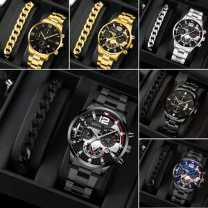 2pcs Men's New Popular Steel Strip Fashion Business Three Eye Quartz Watch Bracelet Set