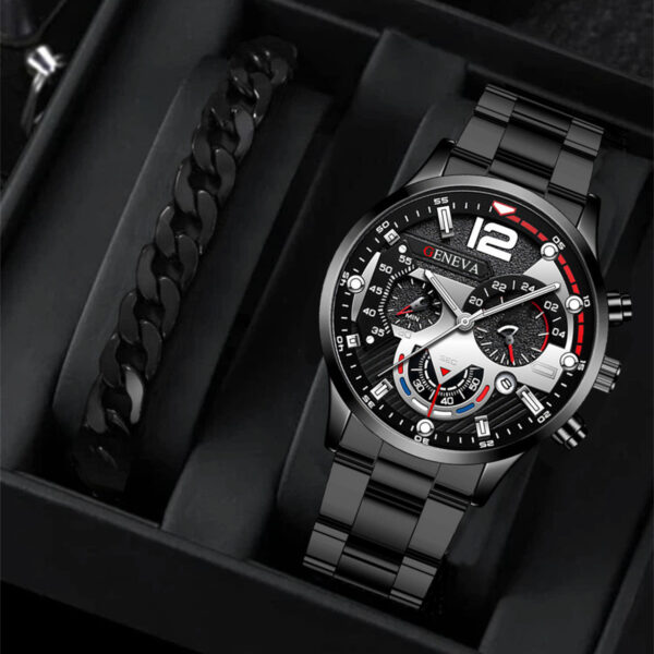2pcs Men's New Popular Steel Strip Fashion Business Three Eye Quartz Watch Bracelet Set - Image 2