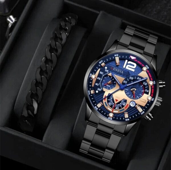 2pcs Men's New Popular Steel Strip Fashion Business Three Eye Quartz Watch Bracelet Set - Image 3