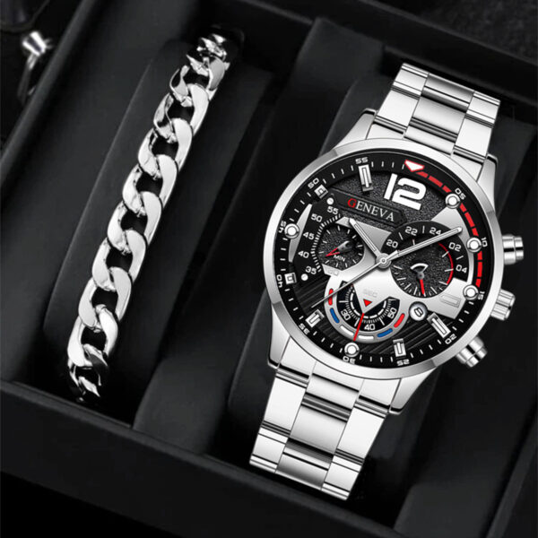 2pcs Men's New Popular Steel Strip Fashion Business Three Eye Quartz Watch Bracelet Set - Image 4