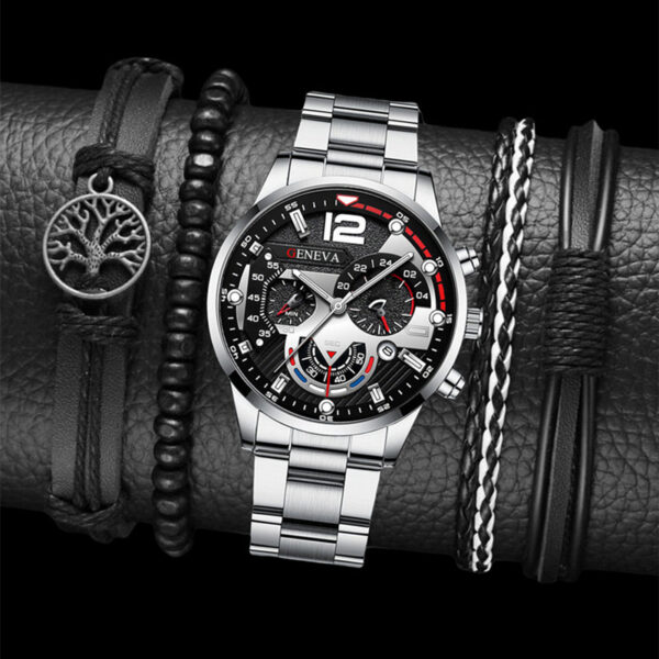 2pcs Men's New Popular Steel Strip Fashion Business Three Eye Quartz Watch Bracelet Set - Image 8